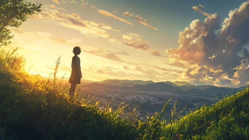 Solitary hilltop silhouette at luminous sunset horizon.