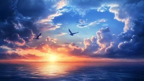 Sunset seascape renders volumetric clouds in cinematic detail