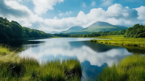 Calm mountain lake with green hills and reflected sky.