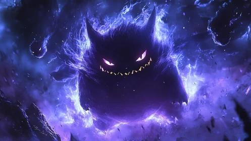 Ghostly shadow creature emerges in glowing violet storm.