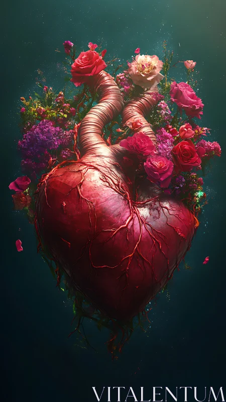 Anatomical Heart Blooming with Vibrant Roses Against Teal