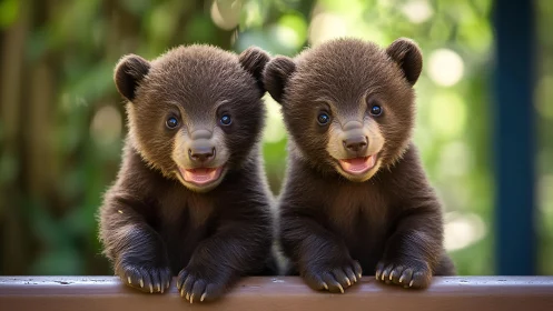 Twin brown bear cubs positioned on wooden railing outdoors.
