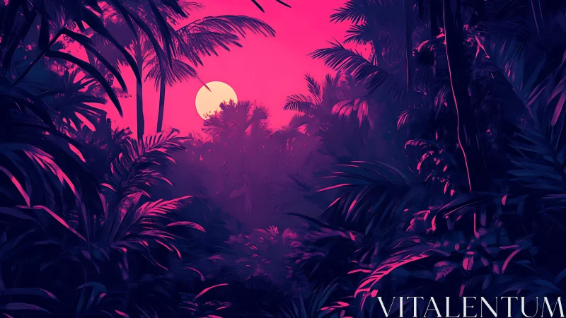 Tropical Moonrise in Vibrant Magenta Landscape.