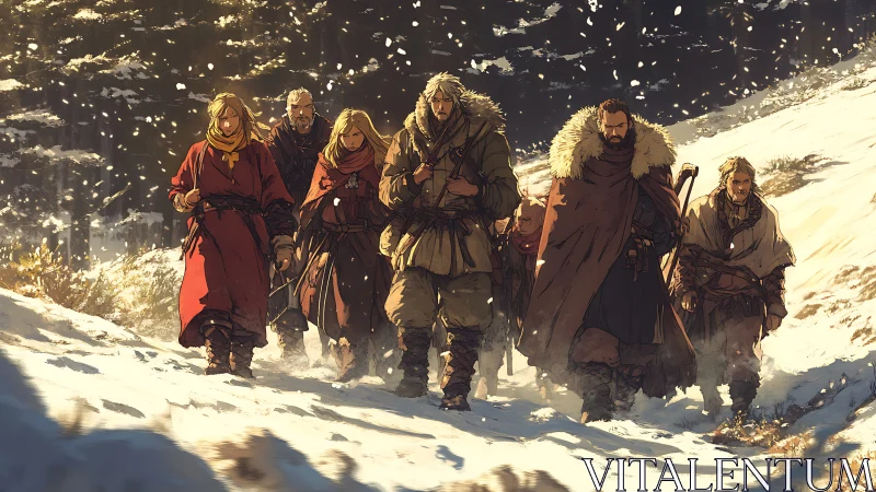 Cinematic fantasy caravan in winter mountain pass composition.