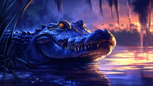 Predatory crocodile emerges from neon-lit tropical swamp at dusk