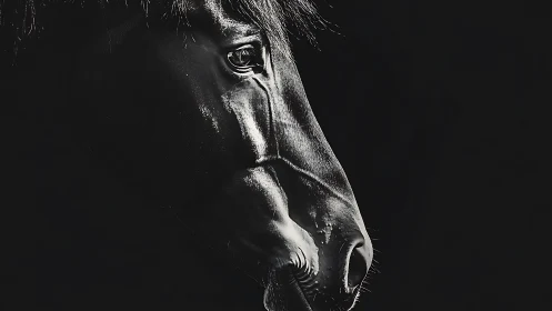 Equine profile in low-key monochrome with sculpted highlights.
