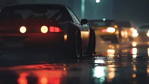 Neon-lit tuner car on wet urban street with cinematic bokeh.