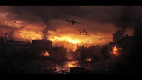 Urban warzone skyline under incendiary aerial bombardment at dusk