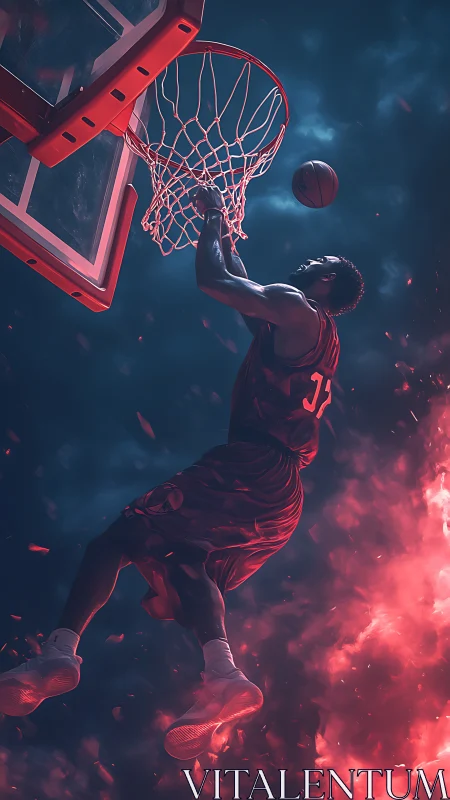 Dynamic basketball dunk explodes through glowing neon sky.