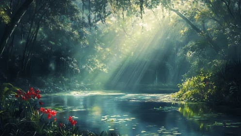 Sunlit jungle lagoon with misted canopy and red flowers.