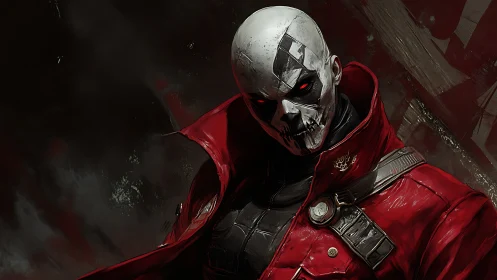 Red-coated skull-faced soldier in dark digital portrait.
