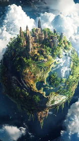 Floating storybook world where citadel meets wild earth.