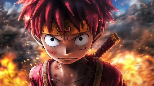 Battle-scarred anime warrior stands amid raging firestorm.