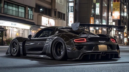Modified black supercar with large rear wing parked on city street
