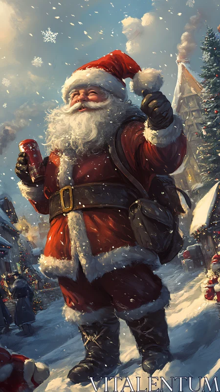 Jolly Santa savors a snowy village stroll with festive cheer