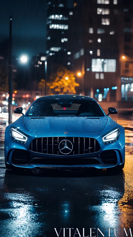 Front view of wet blue Mercedes sports car at night.