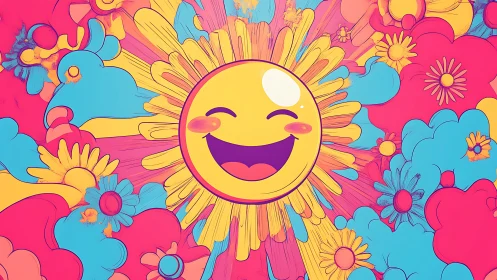 Smiling circular sun icon centered in dense floral field