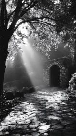 Sunlit stone path leads toward secluded arched garden door