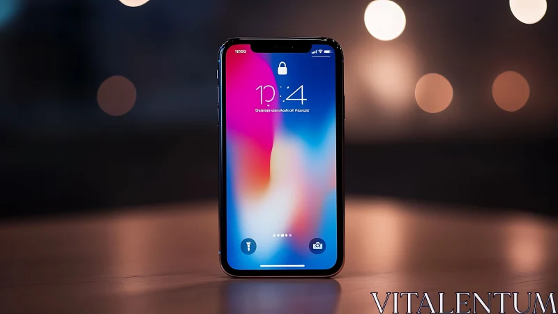 iPhone X lock screen display with vibrant gradient wallpaper and bokeh lighting.