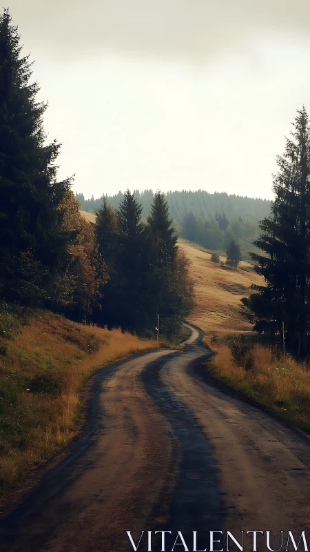Winding Dirt Road Through Golden Autumn Forest.