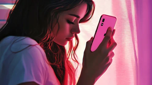 Neon hush wraps a quiet girl lost in her glowing phone