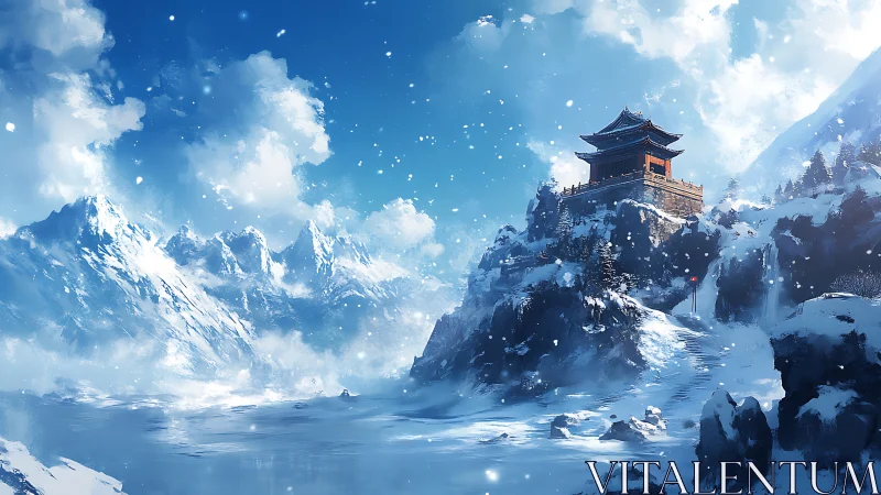 Mountain temple fortress in luminous high-altitude blizzard