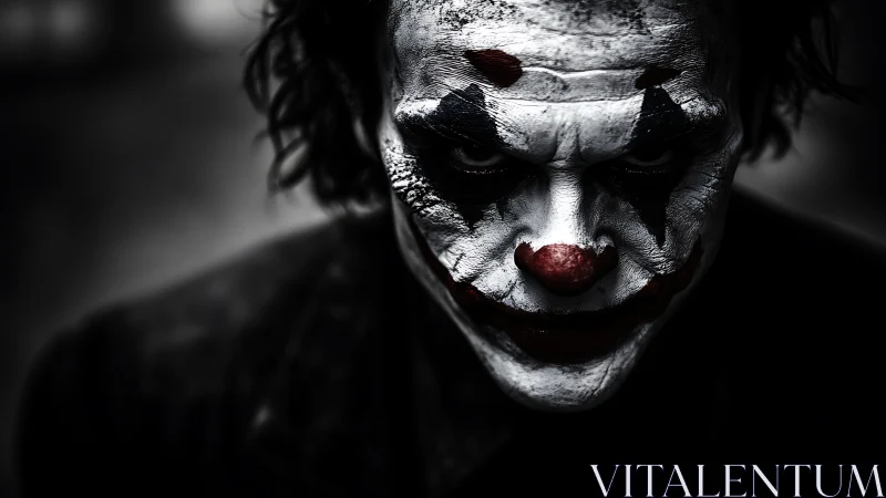 Moody clown portrait with haunting cinematic shadows.