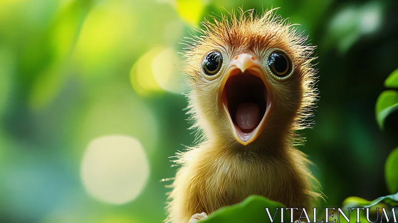 Surprised baby bird in lush forest, vibrant and whimsical style.