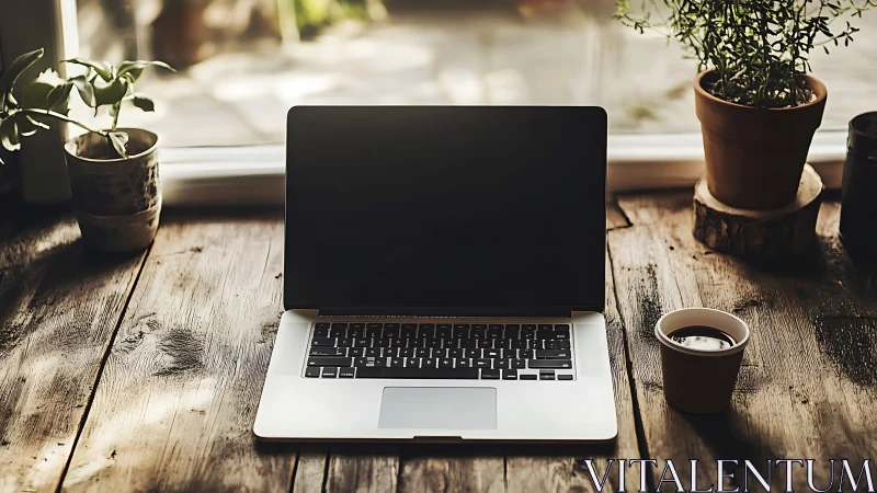 Laptop on rustic wooden desk under diffused daylight from window