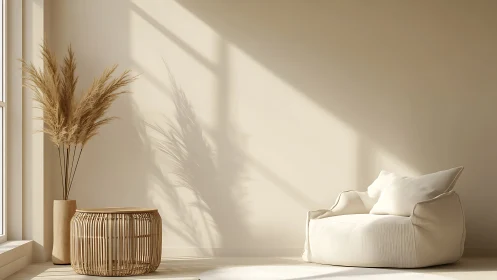 Neutral-toned lounge corner shows chair, table, and vase