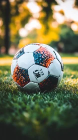 Sunlit soccer ball rests on lush green field at golden hour.