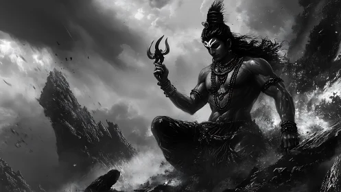 Stormlit godlike figure sits calmly upon jagged mountains