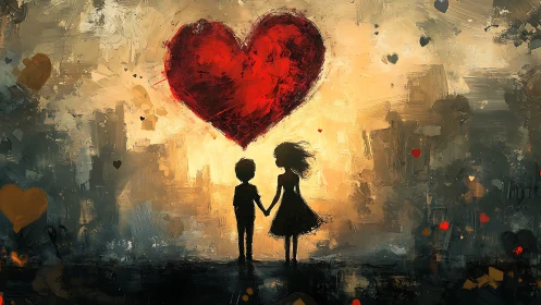 Silhouetted figures with oversized heart symbol in urban setting.
