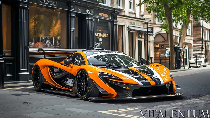 Orange carbon supercar parked on upscale city street