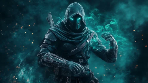 Hooded cyber assassin channels glowing teal arcane energy.
