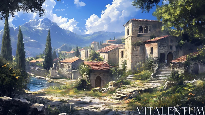 Stone hillside village with river and distant snow mountains.