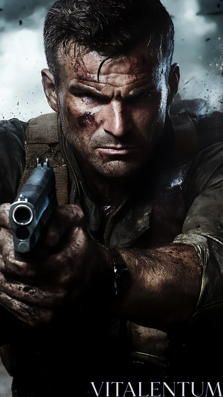 Battle-hardened soldier aiming pistol in smoky chaos.