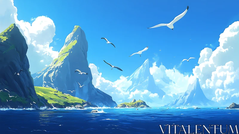 Majestic Mountain Peaks Rising from Azure Waters.