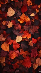 Flat lay of layered red and orange autumn leaves background.