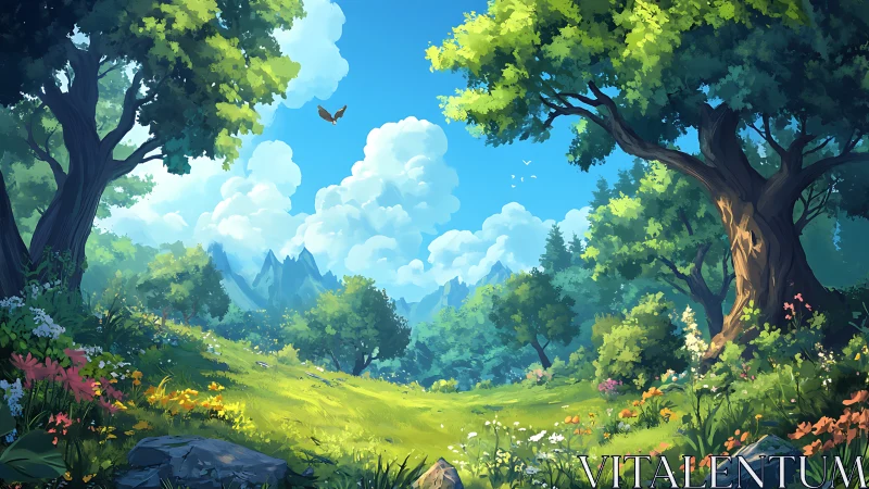 Enchanted Forest Valley with Towering Trees and Mountains.