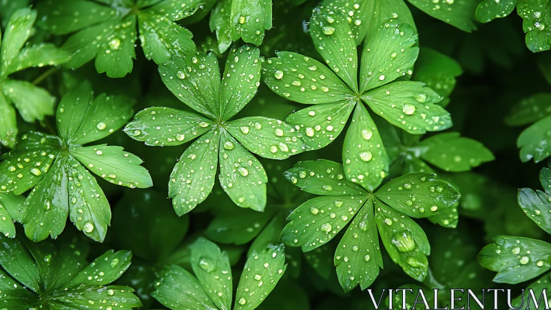 Rain-kissed clover leaves shimmer in a lush emerald tapestry.