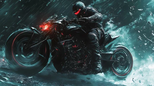 Armored rider on neon motorcycle in heavy storm.