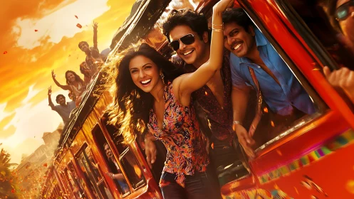 Group leaning from moving orange train in warm sunset light.