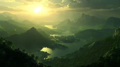 Golden sunrise pours over tranquil mountains and winding lakes