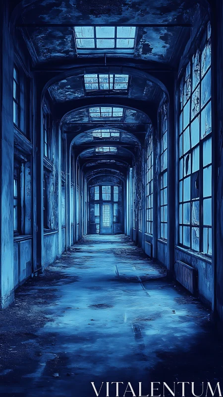 Abandoned blue corridor under broken skylights at night.