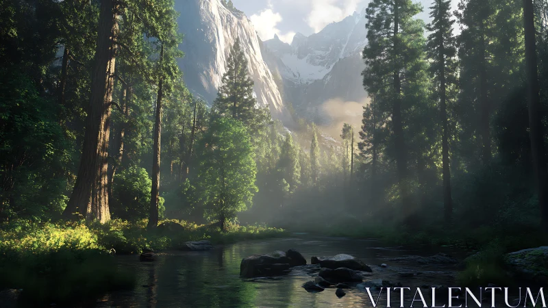 Forest gorge with cascading waterfall framed by towering redwoods.