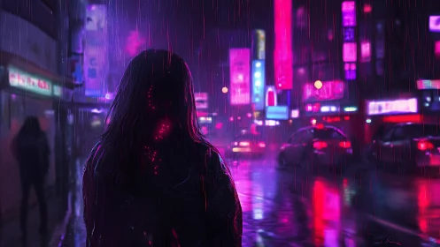 Neon city rainwalk with a quiet lone night wanderer.