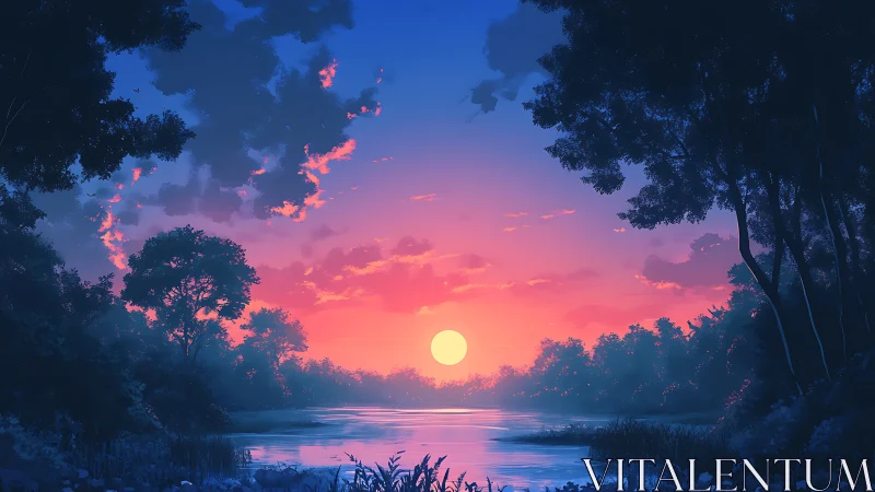 Serene forest lake reflects a glowing pastel twilight sun