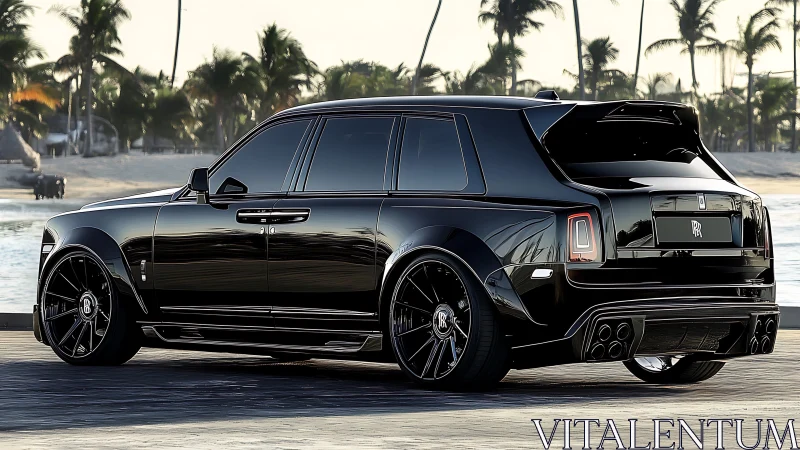 Black luxury SUV parked on coastal promenade at dusk.