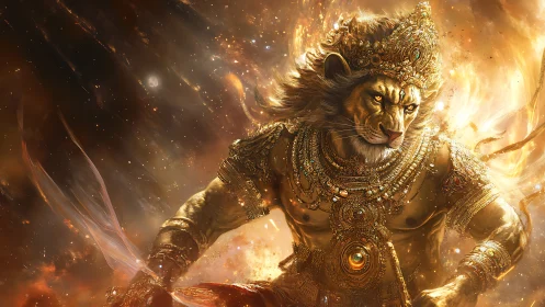 Lion-headed celestial warrior strides through blazing starlight